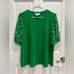 CECE Green Puff Sleeve Mixed Media Stretch Blouse SIZE LARGE See Snag In Photos